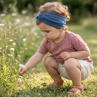 Petite fille jouant dehors avec un bandeau cheveux en coton