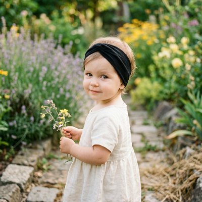 Bébé fille dans la nature avec bandeau cheveux noir élastique