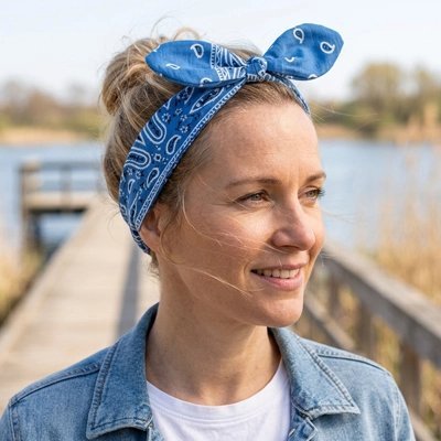 Bandeau cheveux femme bleu motif bandana rétro look bohème décontracté