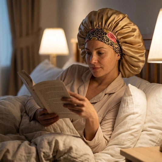 Bonnet en satin doré champagne lecture dans le lit