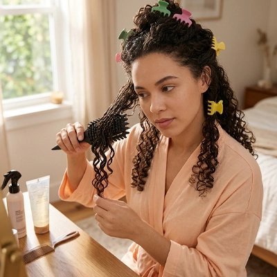Brosse à cheveux Jeune femme souriante utilisant la brosse démêlante pour dessiner ses boucles naturelles