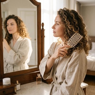 Brosse à cheveux Femme devant son miroir de salle de bain se coiffant avec la brosse démêlante 3 en 1