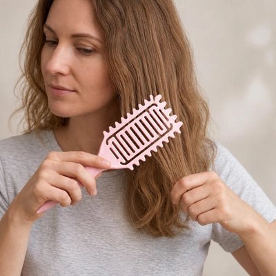 Brosse à cheveux Routine cheveux bouclés et ondulés avec la brosse démêlante rose pastel