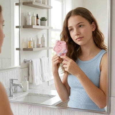 Brosse à cheveux Routine capillaire du matin sereine et rapide dans la salle de bain avec la brosse licorne etoilee