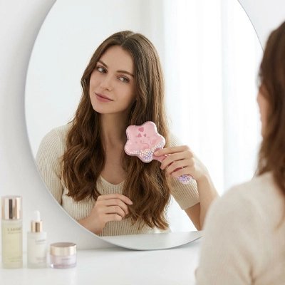 Brosse à cheveux Demellage sans douleur des cheveux fins face au miroir avec la brosse etoile magique