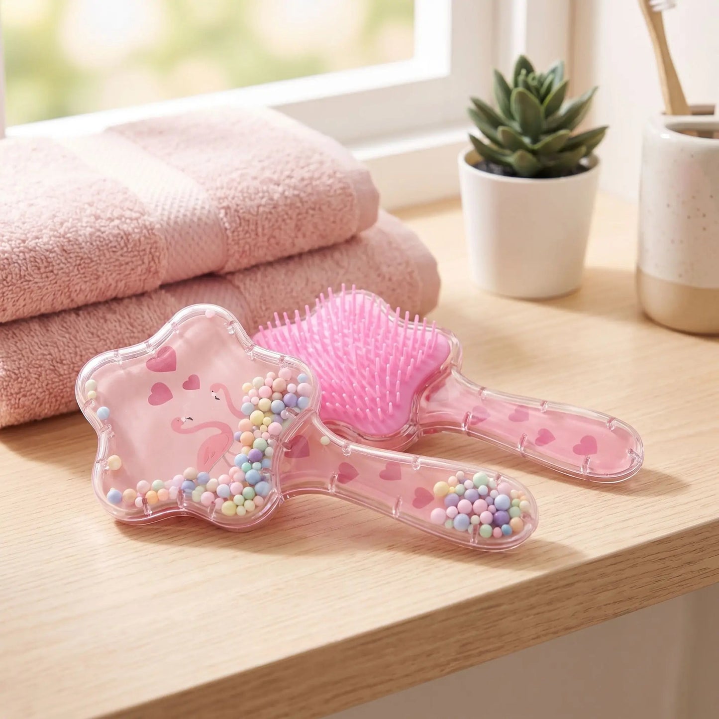 brosse-a-cheveux-demelante-Flamant-Rose-et-ses-paillettes-posee-sur-une-etagere-de-salle-de-bain-d_enfant.