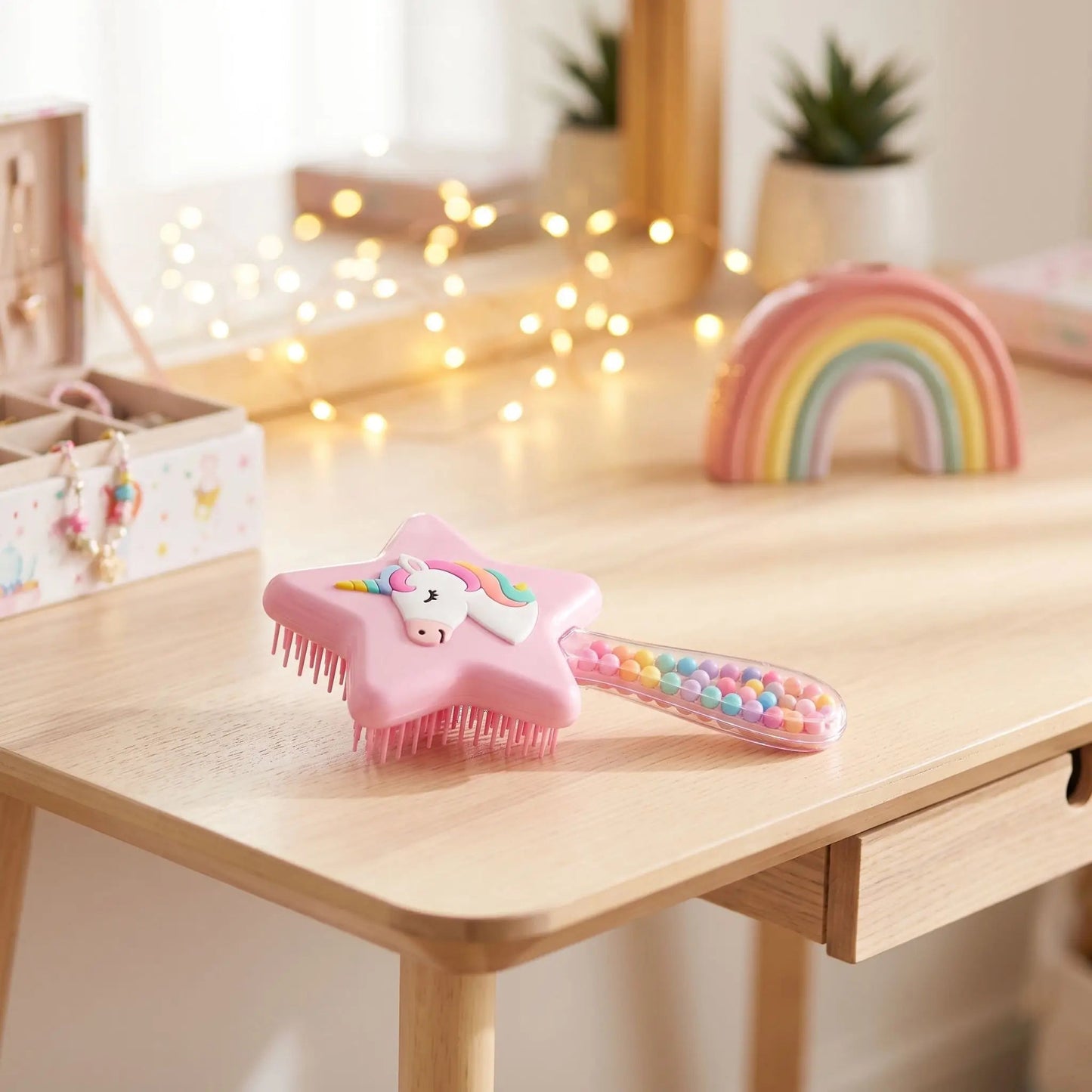 Brosse-a-cheveux-enfant-licorne-demelante-posee-sur-une-coiffeuse-avec-une-guirlande-lumineuse-floue-en-arriere-plan-et-un-petit-arc-en-ciel-decoratif.