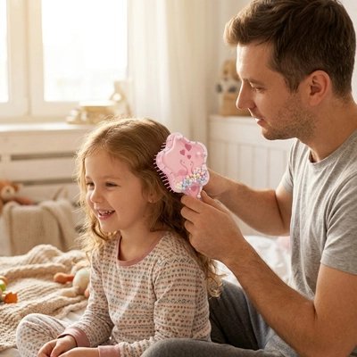 Brosse à cheveux Papa coiffant calmement sa fille le matin avec la brosse magique pour enfant sans cris ni larmes