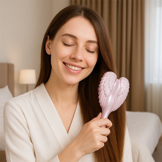 Brosse à cheveux Jeune femme souriante tenant la brosse démêlante ergonomique rose pastel pour cheveux sans douleur