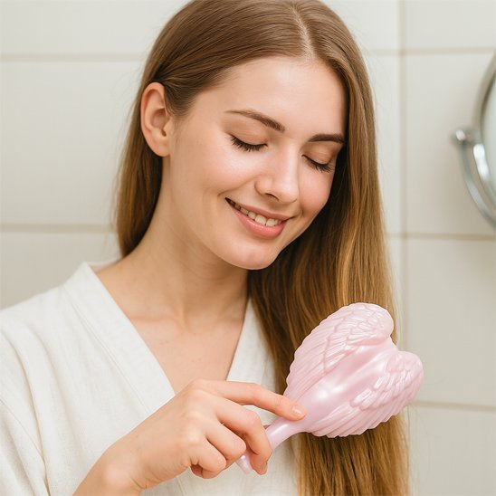 Brosse à cheveux Femme montrant la brosse à cheveux design aile d'ange idéale pour dénouer les nœuds facilement