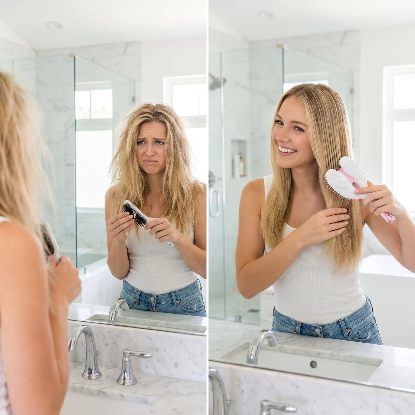 Brosse-à-cheveux-ange-blanc-jeune-femme-cheveux-long-emmeles-luttent-contre-casse.