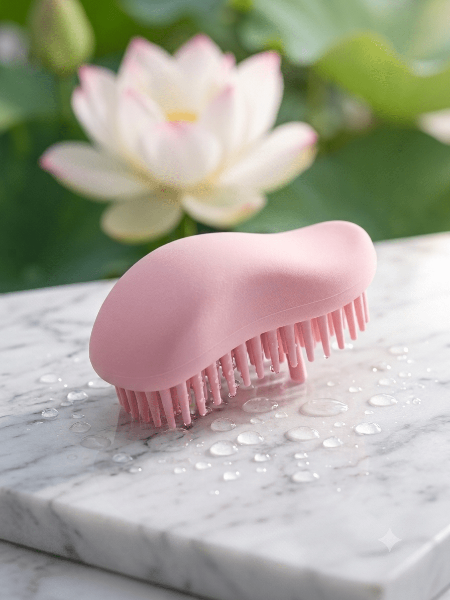 Brosse-a-cheveux-de-massage-cranien-rose-poudre-avec-picots-antistatiques-pose-sur-marbre-blanc-mouille-devant-une-fleur-de-lotus.