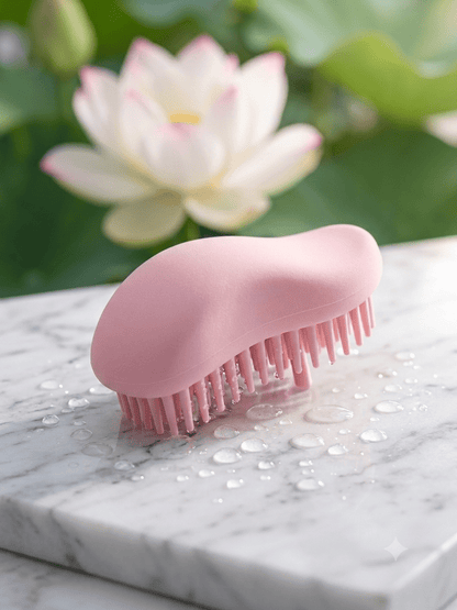 Brosse-a-cheveux-de-massage-cranien-rose-poudre-avec-picots-antistatiques-pose-sur-marbre-blanc-mouille-devant-une-fleur-de-lotus.