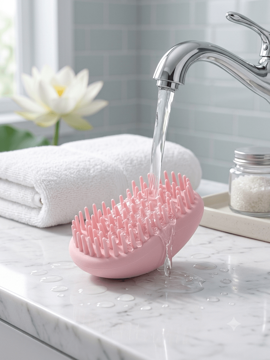 Brosse-a-cheveux-massage-cranien-rose-poudre-lave-sous-l_eau-courante-d_un-robinet-de-salle-de-bain-pour-une-hygiene-parfaite.