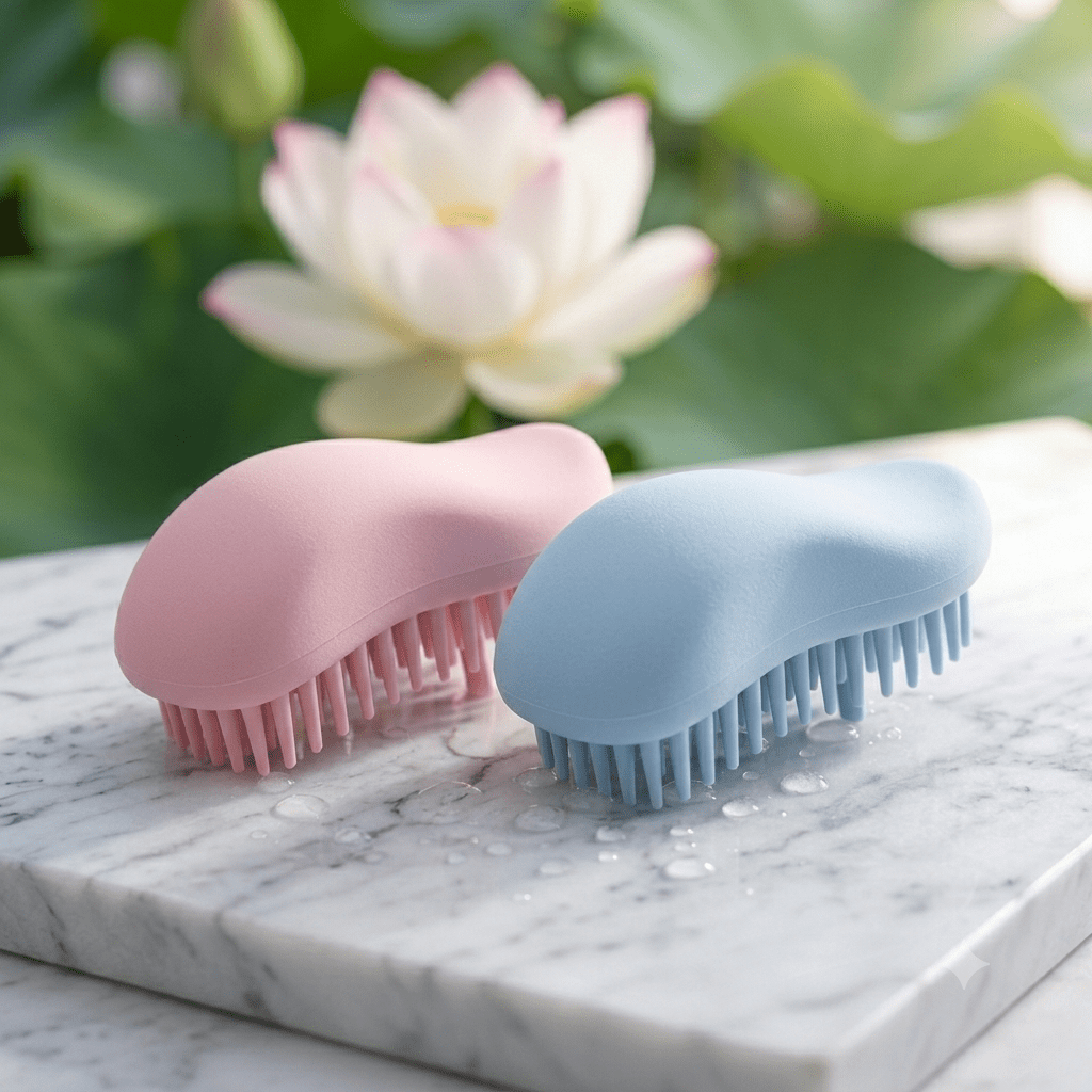 Duo-Brosse-a-cheveux-de-massage-cranien-antistatiques-Rose-Poudre-et-Bleu-Pastel-dans-un-decor-de-spa-luxe-avec-fleur-de-lotus.