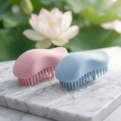 Duo-Brosse-a-cheveux-de-massage-cranien-antistatiques-Rose-Poudre-et-Bleu-Pastel-dans-un-decor-de-spa-luxe-avec-fleur-de-lotus.