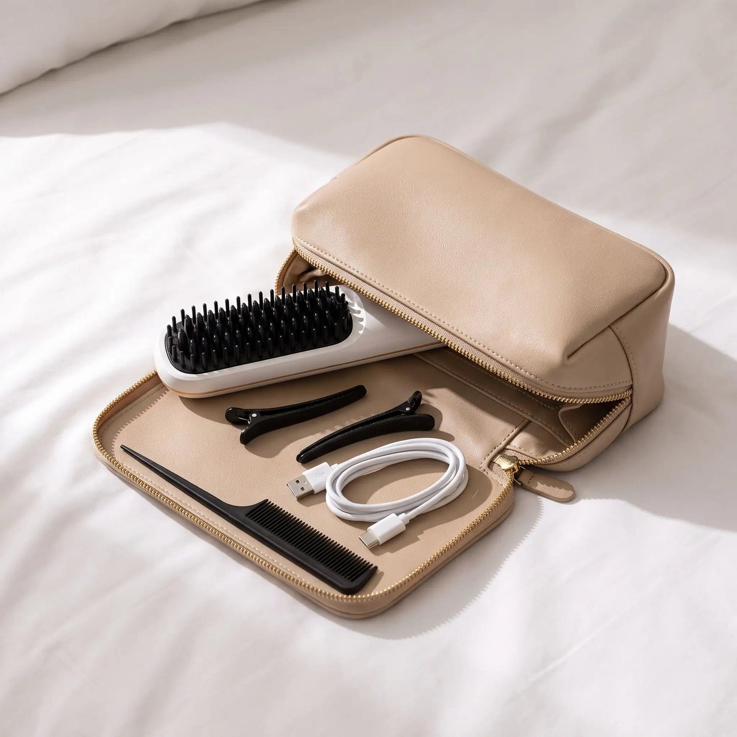  brosse-lissante-chauffante-Kit complet-sans-fil-avec-pinces-a-cheveux-et-cable-USB-dans-une-trousse-de-voyage-beige.