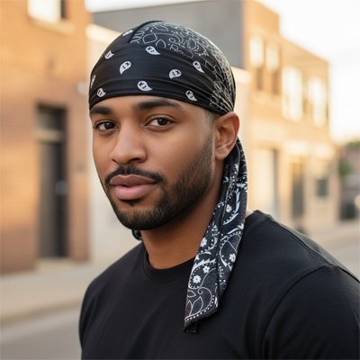 Durag noir motif bandana pour maintien des waves